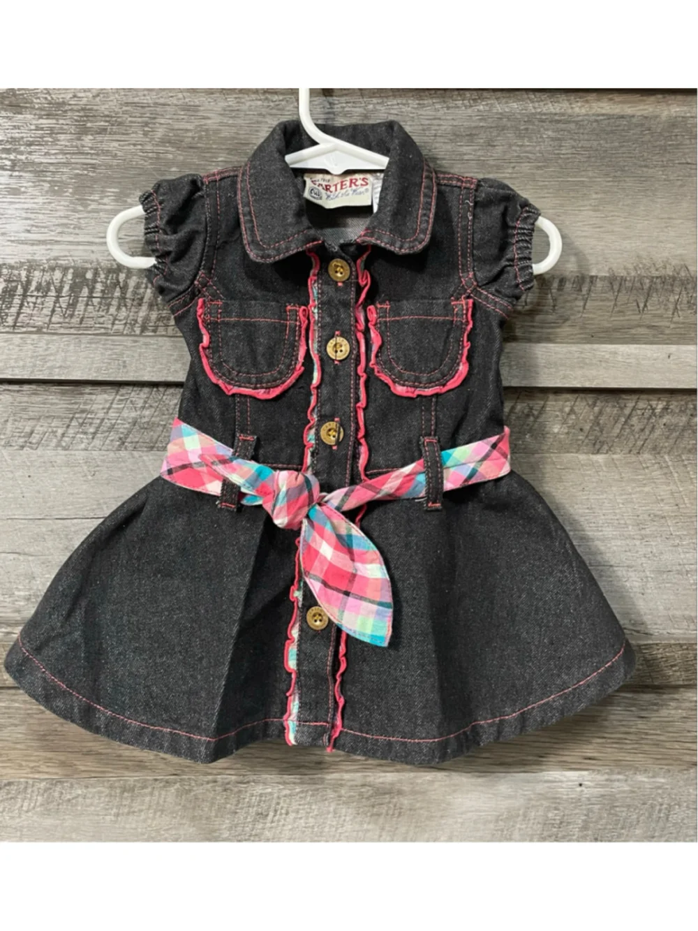 Carter's Watch The Wear Vintage 3-6m Girl Denim Dress Dark Wash Plaid Ruffle